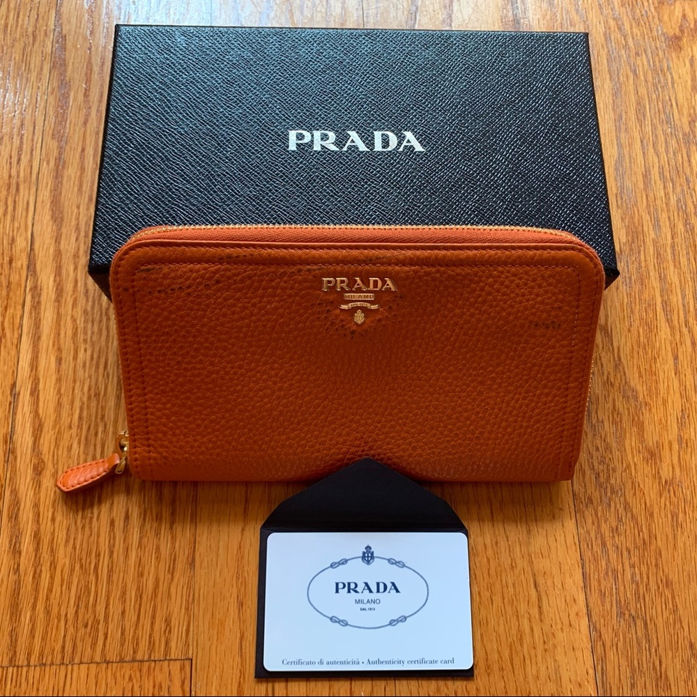 Prada Zip Around Continental Wallet in Papaya Orange